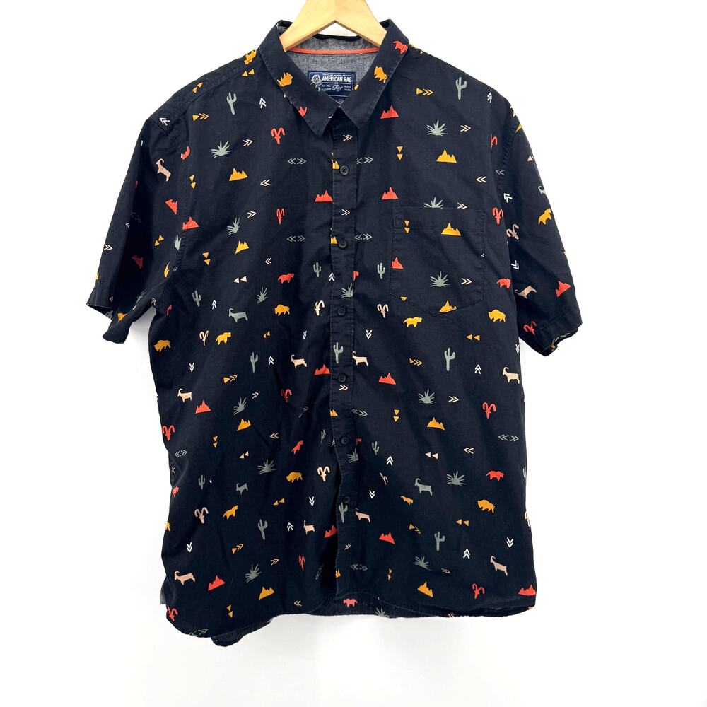 American Rag Western Button Short Sleeve Cotton Black Shirt-Men XXL-Retro Cowboy